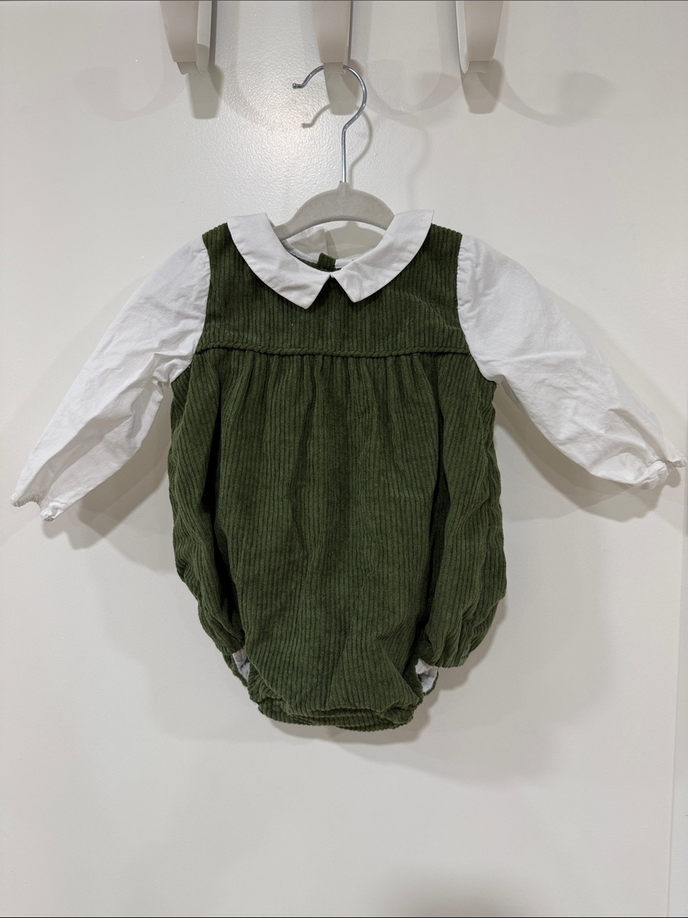 Edgehill Collection Classic Olive Corduroy Baby Bubble with White Collar 6M